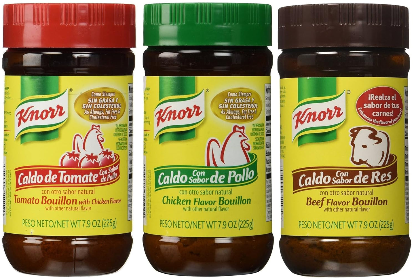 Knorr Chicken Bouillon Granulated, Beef Bouillon, Tomato Bouillon with Chicken Flavor, 3 X 7.9 Oz, Bundle
